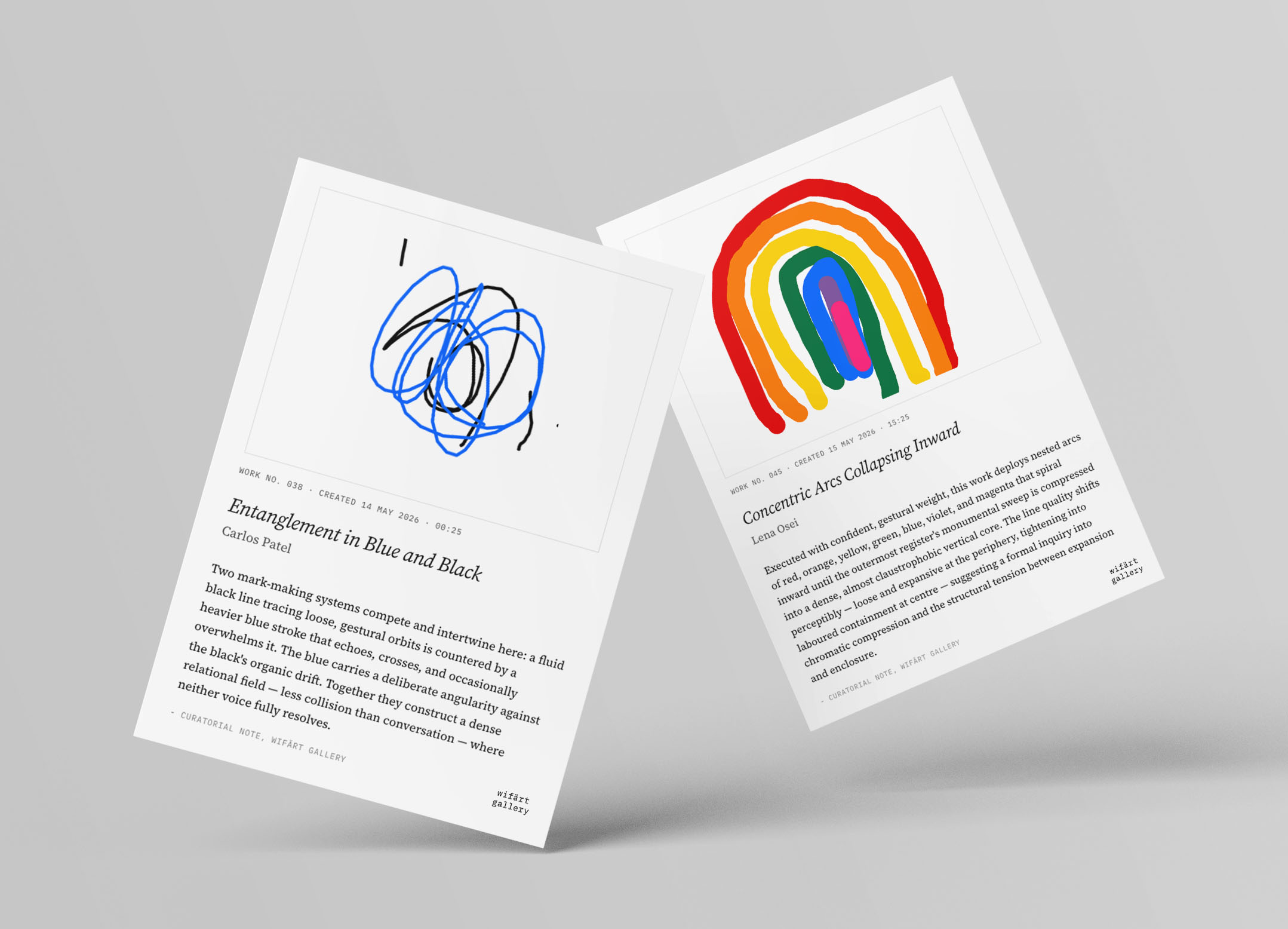 Two wifärt gallery art prints showing works from the collection - Entanglement in Blue and Black, and Concentric Arcs Collapsing Inward