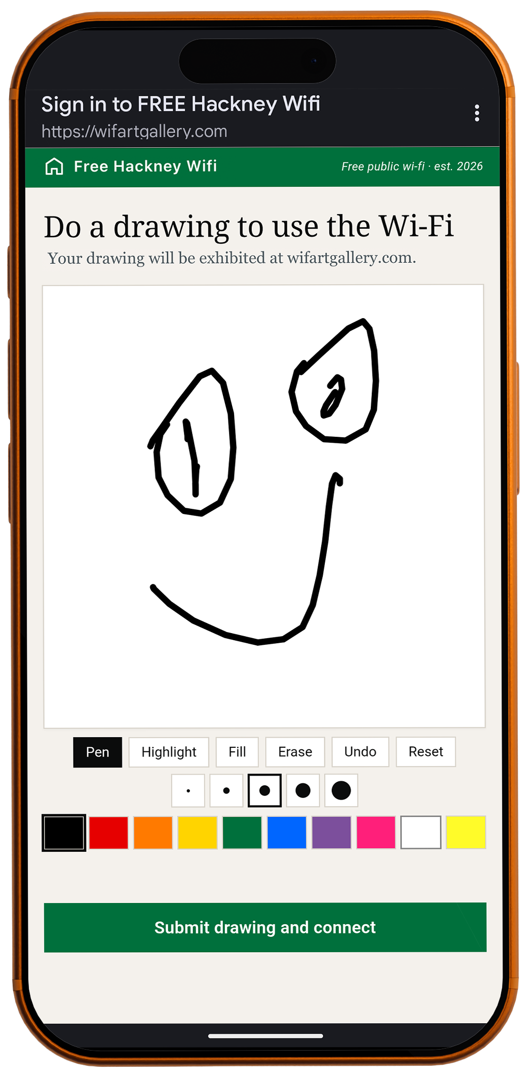 A visitor drawing on the wifärt gallery submission screen on an Android phone