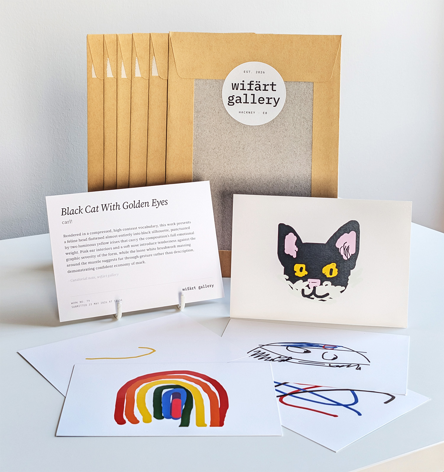 A wifärt gallery Print Club parcel - the print 'Black Cat With Golden Eyes' with its curatorial note, more prints from the collection, and the kraft envelopes they are posted in.